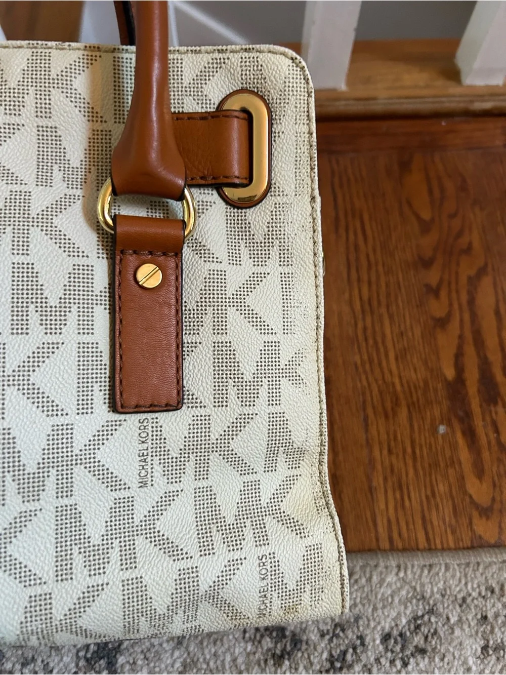 Michael Kors Cream and Tan Logo Satchel with Gold Hardware